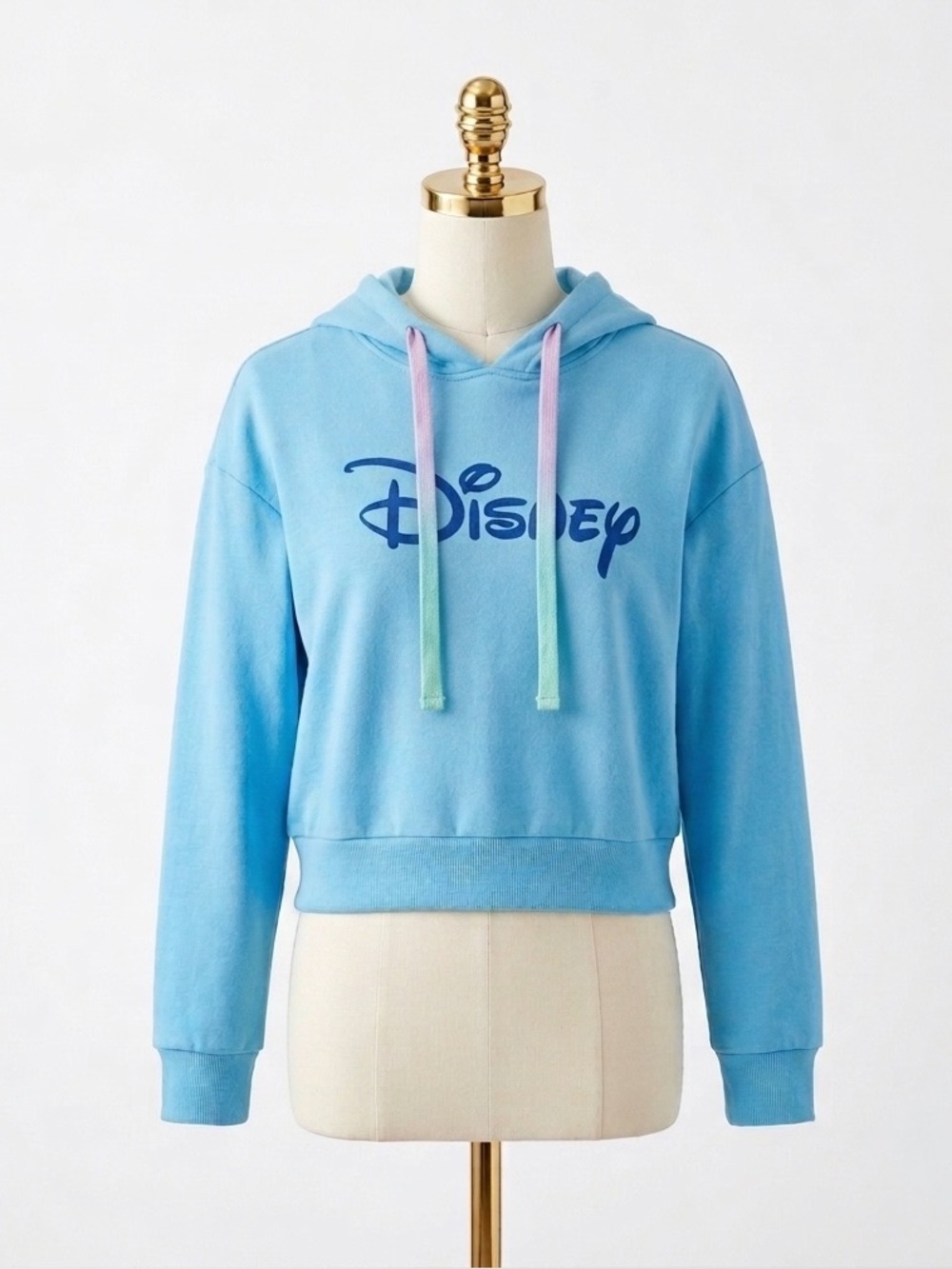 Disney Cropped Pullover Hoodie Pastel Ombre Drawstring Graphic Sweatshirt Size L